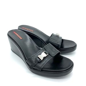 Prada Black Leather Platform Sandals Slip On Shoes